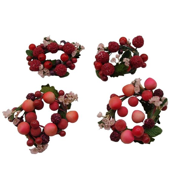 Lot 4 Candle Ring Holders 2" Pink Burgundy Berry Decor Christmas Holiday Vintage - Picture 2 of 10